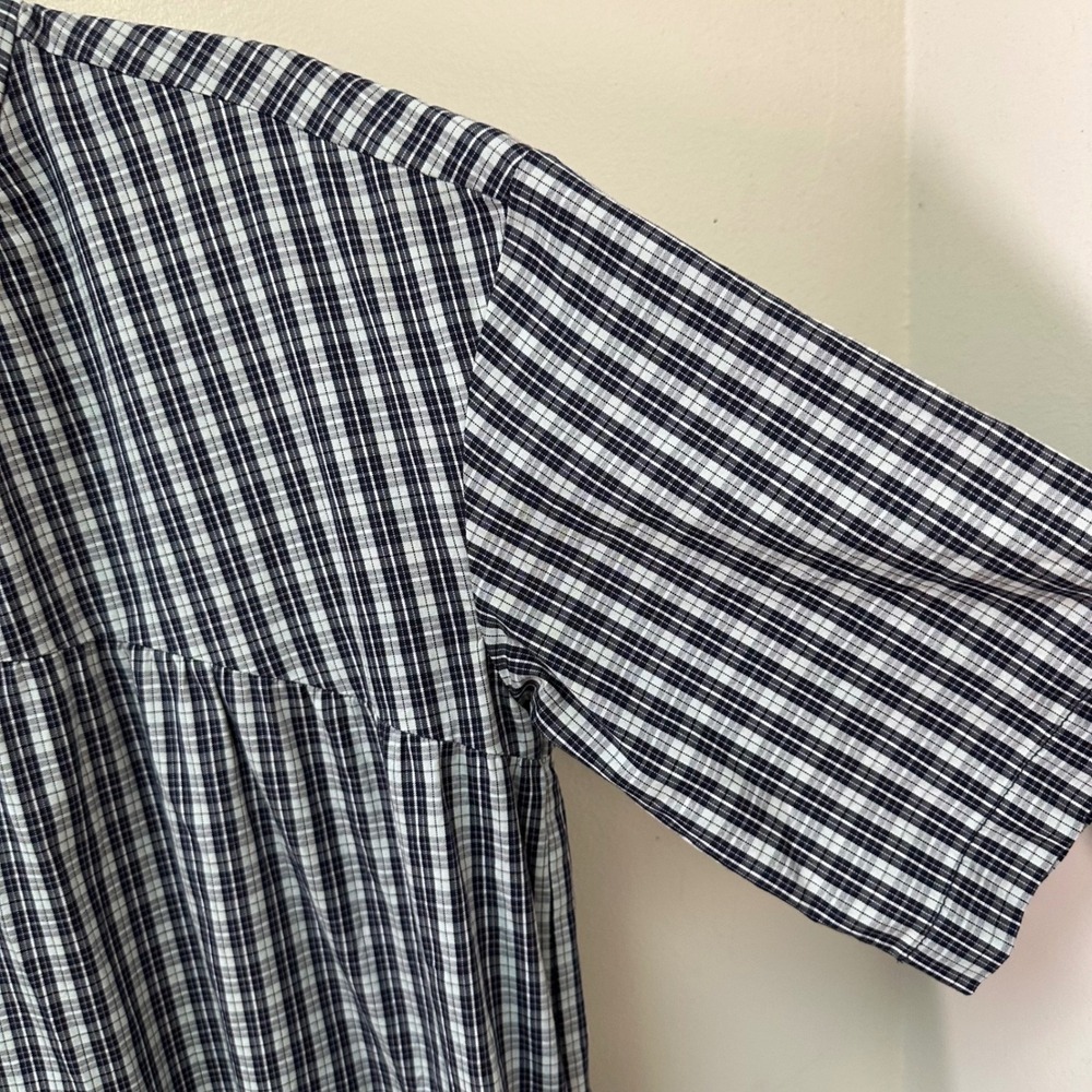 Everlane Navy White Plaid Tiered Mock Neck Dress Cotton Pockets Small S - Picture 3 of 10